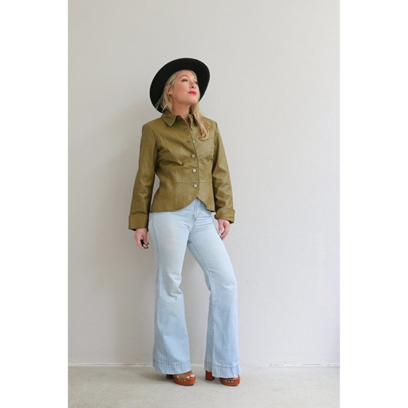 2000's Y2K Peplum Leather Jacket // Women's Size Small to Medium // Pea Green - Picture 9 of 10